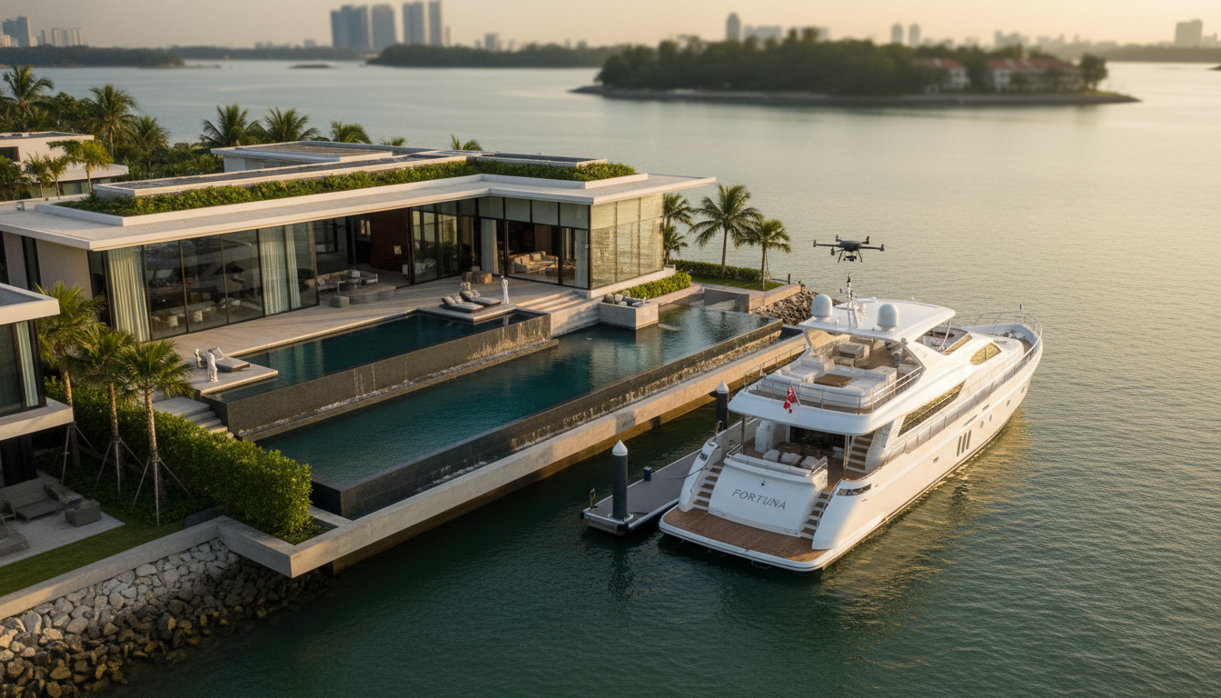 A professional high-angle shot of a modern luxury waterfront villa in Singapore next to a sleek white private yacht, symbolizing global wealth and high-end asset security, captured in warm golden hour lighting with a shallow depth of field, photorealistic 8k resolution.