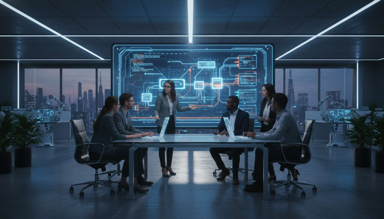 A high-tech corporate office with a diverse team of software engineers discussing a complex system architecture displayed on a large 4K wall monitor, cinematic lighting, ultra-realistic, 8k resolution, professional atmosphere