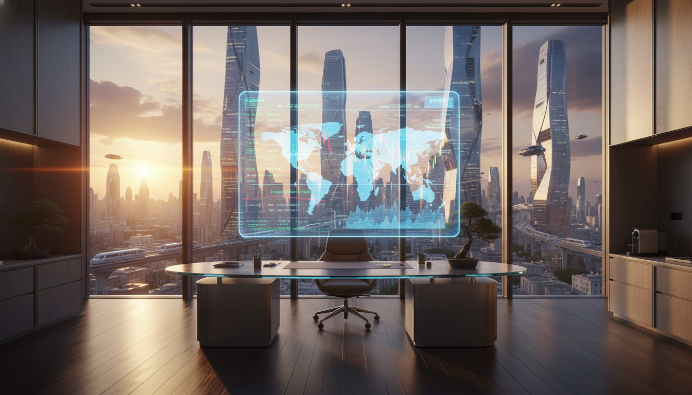 A professional, high-end private office overlooking a futuristic 2026 city skyline at sunset, featuring a sleek holographic display showing global financial markets and diversified investment portfolios, photorealistic style, cinematic lighting, 8k resolution.