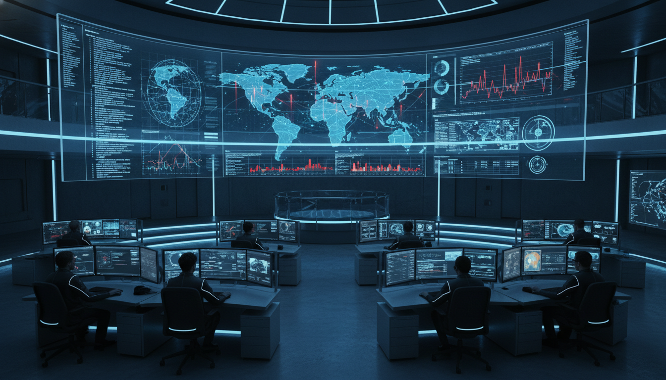 A professional and highly detailed photorealistic view of a futuristic corporate security operations center. The room features high-tech workstations with multiple monitors displaying global network maps, real-time threat detection graphs, and encrypted data flows. The environment is sleek and modern with blue and charcoal tones, featuring cinematic lighting and cyber analysts working focused at their desks.