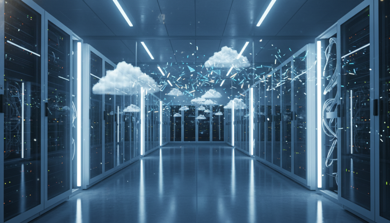 A high-tech, modern server room with glowing blue and white fiber optic cables, sleek server racks extending into the distance, and a digital overlay of interconnected cloud icons and data packets moving through the air, photorealistic, cinematic lighting, 8k resolution.
